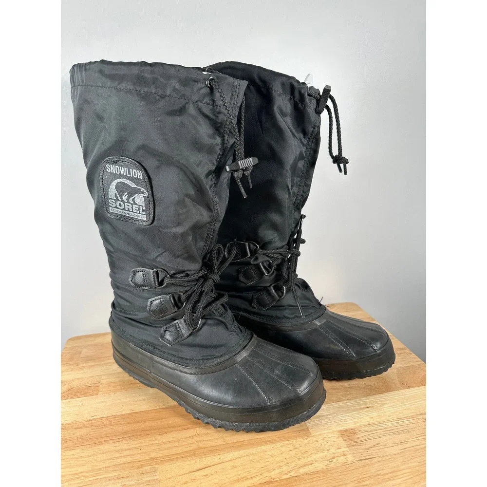 Womens Vintage Sorel Black Snowlion Winter Boots Waterproof Nylon Rubber Size 7 - Picture 1 of 11